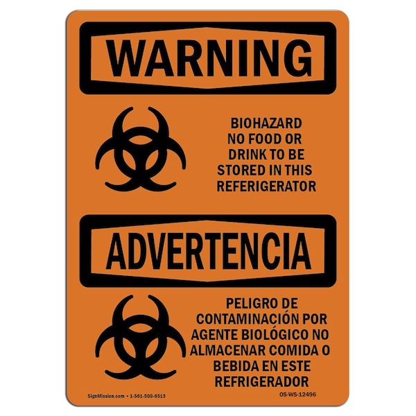 Sign, 3.5" H, 5" W, Biohazard No Food Or Drink Bilingual, Landscape, WS-D-35-L-12496-10PK